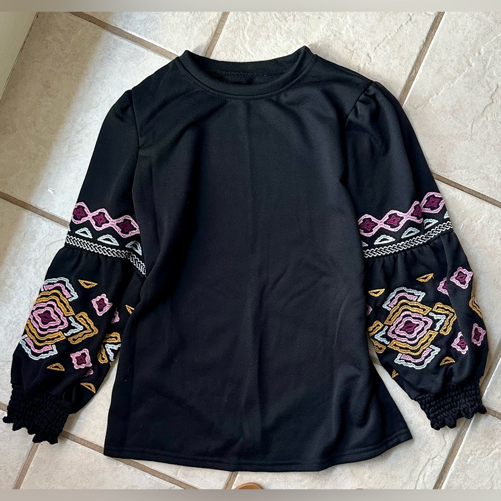 Embroidered Black Top with Colorful Sleeves